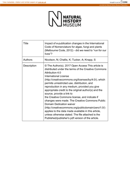 Impact of E-Publication Changes in the International Code of Nomenclature for Algae, Fungi and Plants (Melbourne Code, 2012) - Did We Need to “Run for Our Lives”?