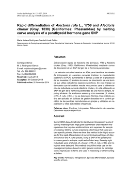 Rapid Differentiation of Alectoris Rufa L., 1758 and Alectoris Chukar (Gray, 1830) (Galliformes: Phasianidae) by Melting Curve A