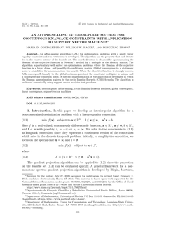 An Affine-Scaling Interior-Point Method for Continuous Knapsack Constraints with Application to Support Vector Machines∗