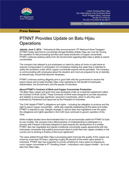 PTNNT Provides Update on Batu Hijau Operations