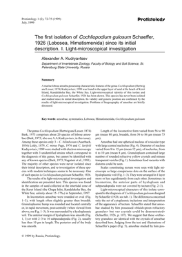 The First Isolation of Cochliopodium Gulosum Schaeffer, 1926 (Lobosea, Himatismenida) Since Its Initial Description