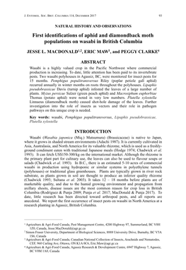 First Identifications of Aphid and Diamondback Moth Populations on Wasabi in British Columbia