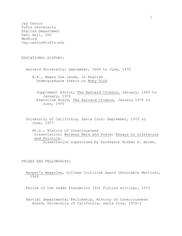 1 Jay Cantor Tufts University English Department East Hall, 206 Medford Jay.Cantor@Tufts.Edu