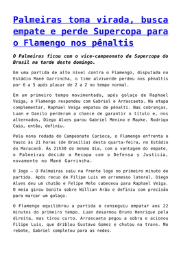 Palmeiras Toma Virada, Busca Empate E Perde Supercopa Para O Flamengo Nos Pênaltis