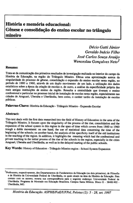 História E Memória Educacional: Gênese E Consolidação Do Ensino Escolar No Triângulo Mineiro