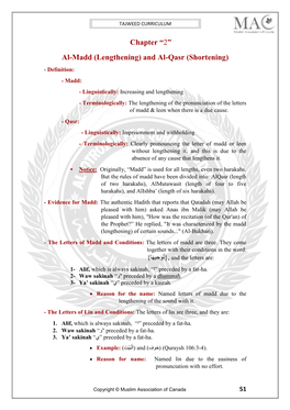 “2” Al-Madd (Lengthening) and Al-Qasr (Shortening)