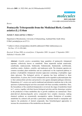 Pentacyclic Triterpenoids from the Medicinal Herb, Centella Asiatica (L.) Urban