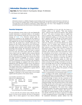 Information Structure in Linguistics Dejan MatiC, Max Planck Institute for Psycholinguistics, Nijmegen, the Netherlands