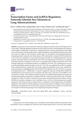 Transcription Factor and Lncrna Regulatory Networks Identify Key Elements in Lung Adenocarcinoma