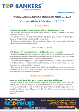 Current Affairs PDF March 02 to March 07, 2020