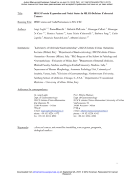 MSH3 Protein Expression and Nodal Status in MLH1-Deficient Colorectal Cancers Running Title