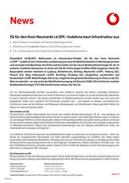 5G Für Den Kreis Neumarkt I.D.Opf.: Vodafone Baut Infrastruktur