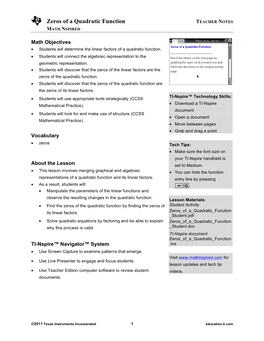 Zeros of a Quadratic Function TEACHER NOTES MATH NSPIRED