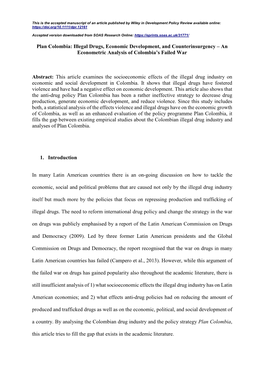 Plan Colombia: Illegal Drugs, Economic Development, and Counterinsurgency – an Econometric Analysis of Colombia’S Failed War