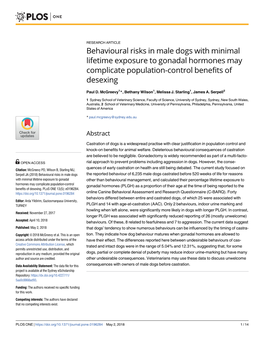 Behavioural Risks in Male Dogs with Minimal Lifetime Exposure to Gonadal Hormones May Complicate Population-Control Benefits of Desexing