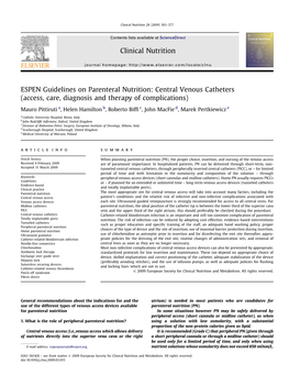 ESPEN Guidelines on Parenteral Nutrition: Central Venous Catheters (Access, Care, Diagnosis and Therapy of Complications)