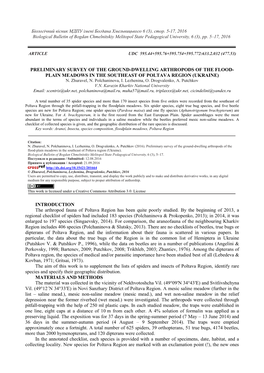 Preliminary Survey of the Ground-Dwelling Arthropods of the Flood- Plain Meadows in the Southeast of Poltava Region (Ukraine) N