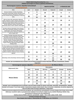 Harmonogram Wywozu Odpadów Komunalnych MIASTO ZŁOTÓW II PÓŁROCZE 2020 Niesegregowanych