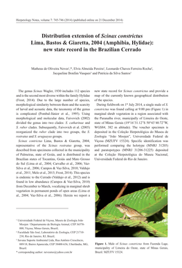 Distribution Extension of Scinax Constrictus Lima, Bastos & Giaretta, 2004 (Amphibia, Hylidae): New State Record in the Braz