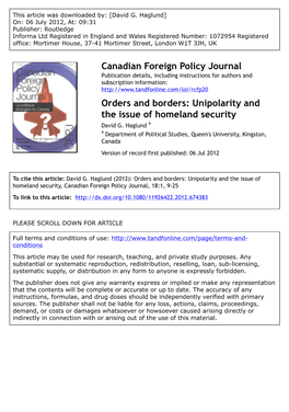 Orders and Borders: Unipolarity and the Issue of Homeland Security David G