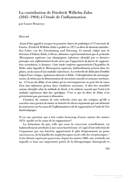 La Contribution De Friedrich Wilhelm Zahn (1845—1904) À L'étude De L'inflammation Par Lazare Benaroyo