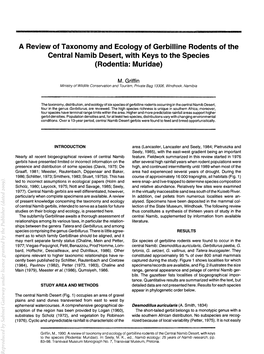 A Review of Taxonomy and Ecology of Gerbilline Rodents of the Central Namib Desert, with Keys to the Species (Rodentia: Muridae)