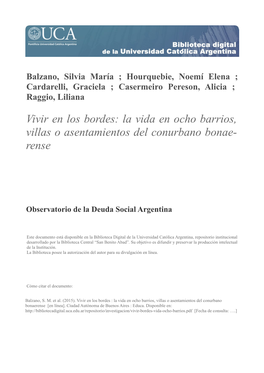 Vivir En Los Bordes : La Vida En Ocho Barrios, Villas O Asentamientos Del Conurbano Bonaerense [En Línea]