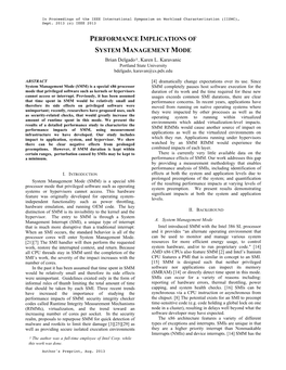 PERFORMANCE IMPLICATIONS of SYSTEM MANAGEMENT MODE Brian Delgado†, Karen L