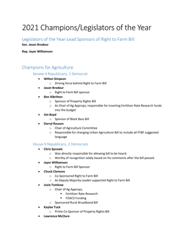 2021 Champions/Legislators of the Year Legislators of the Year-Lead Sponsors of Right to Farm Bill Sen