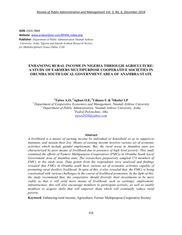 A Study of Farmers Multipurpose Cooperative Societies in Orumba South Local Government Area of Anambra State