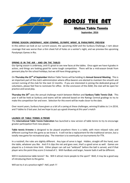 ACROSS the NET Melton Table Tennis September 2016