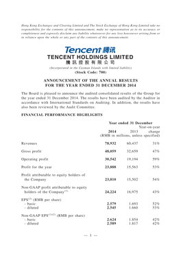 TENCENT HOLDINGS LIMITED 騰 訊 控 股 有 限 公 司 (Incorporated in the Cayman Islands with Limited Liability) (Stock Code: 700)