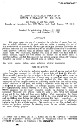 STALLION EJACULATION INDUCED by MANUAL STIMULATION of the PENIS Jim Crump, Jr and Julia Crump Roanoke AI Laboratories, Inc., 8535 Martin Creek Road, Roanoke, VA 24018