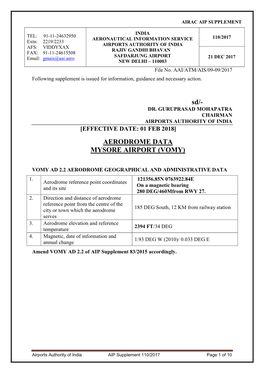 Aerodrome Data Mysore Airport (Vomy)