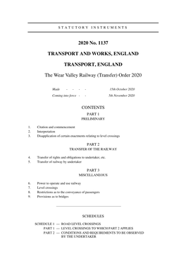 The Wear Valley Railway (Transfer) Order 2020