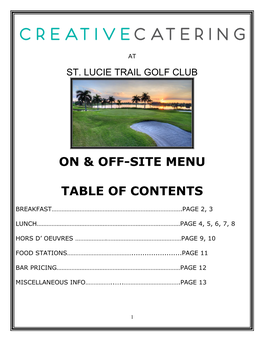 On & Off-Site Menu Table of Contents