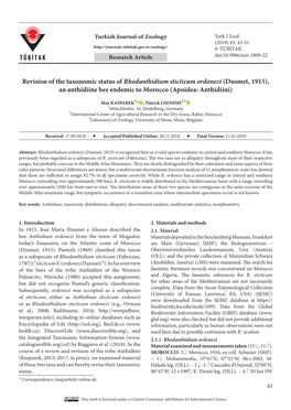 Revision of the Taxonomic Status of Rhodanthidium Sticticum Ordonezi (Dusmet, 1915), an Anthidiine Bee Endemic to Morocco (Apoidea: Anthidiini)