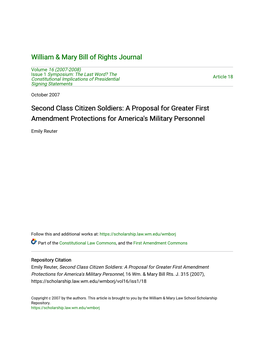 Second Class Citizen Soldiers: a Proposal for Greater First Amendment Protections for America's Military Personnel