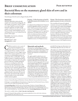 Bacterial Flora on the Mammary Gland Skin of Sows and in Their Colostrum