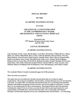 Special Report of the Academic Matters Council Creation of a Concentration in the Anthropology Major: Archaeology and Cultural H