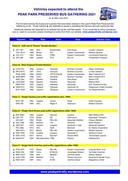 Vehicles Expected to Attend the PEAK PARK PRESERVED BUS GATHERING 2021 As at 26Th June 2021