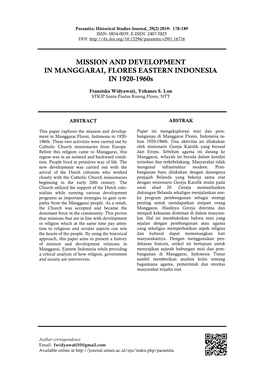 MISSION and DEVELOPMENT in MANGGARAI, FLORES EASTERN INDONESIA in 1920-1960S
