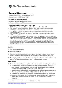 Appeal Decision Inquiry Held on 13-15 and 20 August 2019 Site Visit Made on 20 August 2019