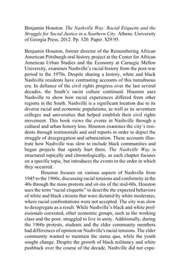 Benjamin Houston. the Nashville Way: Racial Etiquette and the Struggle for Social Justice in a Southern City