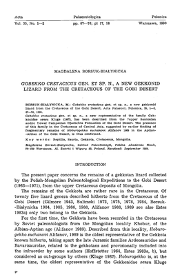 Gobekko Cretacicus Gen. Et Sp. N., a New Gekkonid Lizard from the Cretaceous of the Gobi Desert