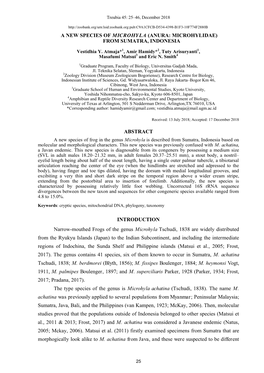 A New Species of Microhyla (Anura: Microhylidae) from Sumatra, Indonesia