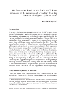 On Freyr—The 'Lord' Or 'The Fertile One'? Some Comments on the Discussion of Etymology from the Historian of Religions