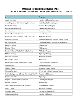 Baycrest Centre for Geriatric Care Student Placement Agreement with Educational Institutions