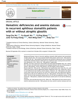 Hematinic Deficiencies and Anemia Statuses in Recurrent Aphthous