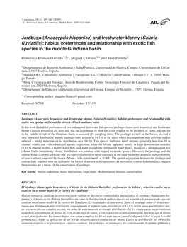 Jarabugo (Anaecypris Hispanica) and Freshwater Blenny (Salaria �Uviatilis): Habitat Preferences and Relationship with Exotic �Sh Species in the Middle Guadiana Basin